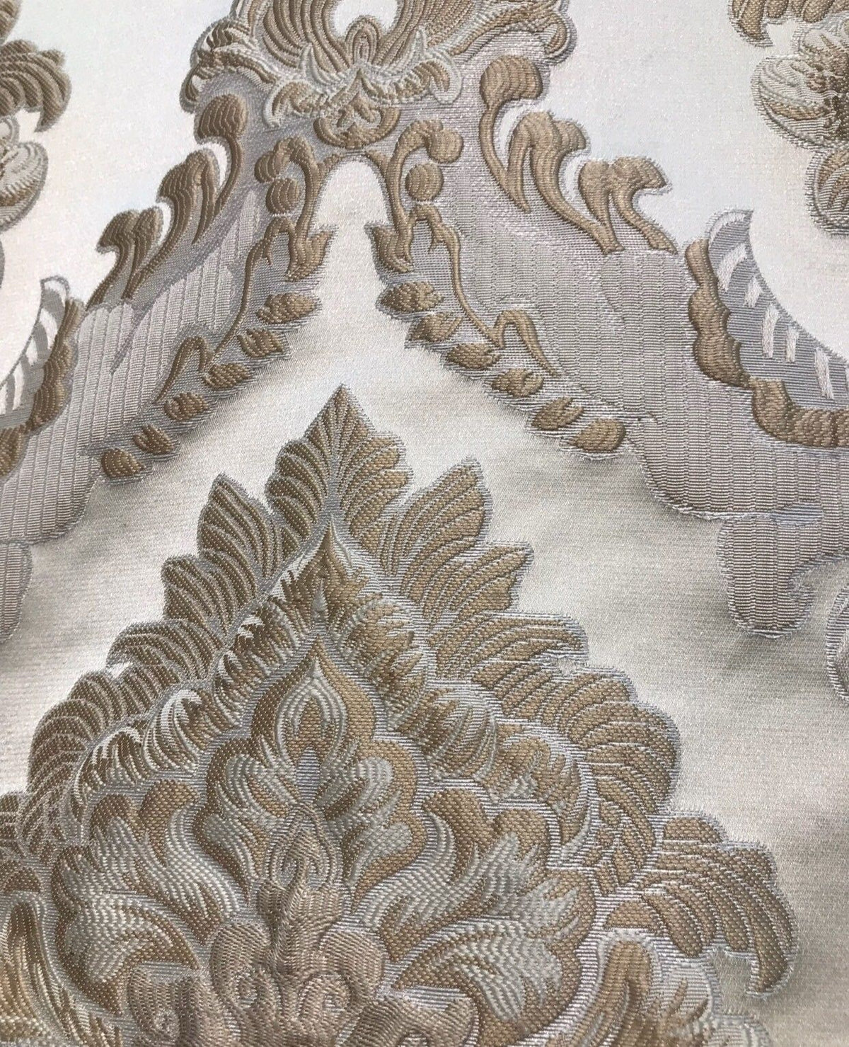 SWATCH Designer Brocade Satin Fabric - Taupe Ivory Floral Upholstery Damask - Fancy Styles Fabric Boutique