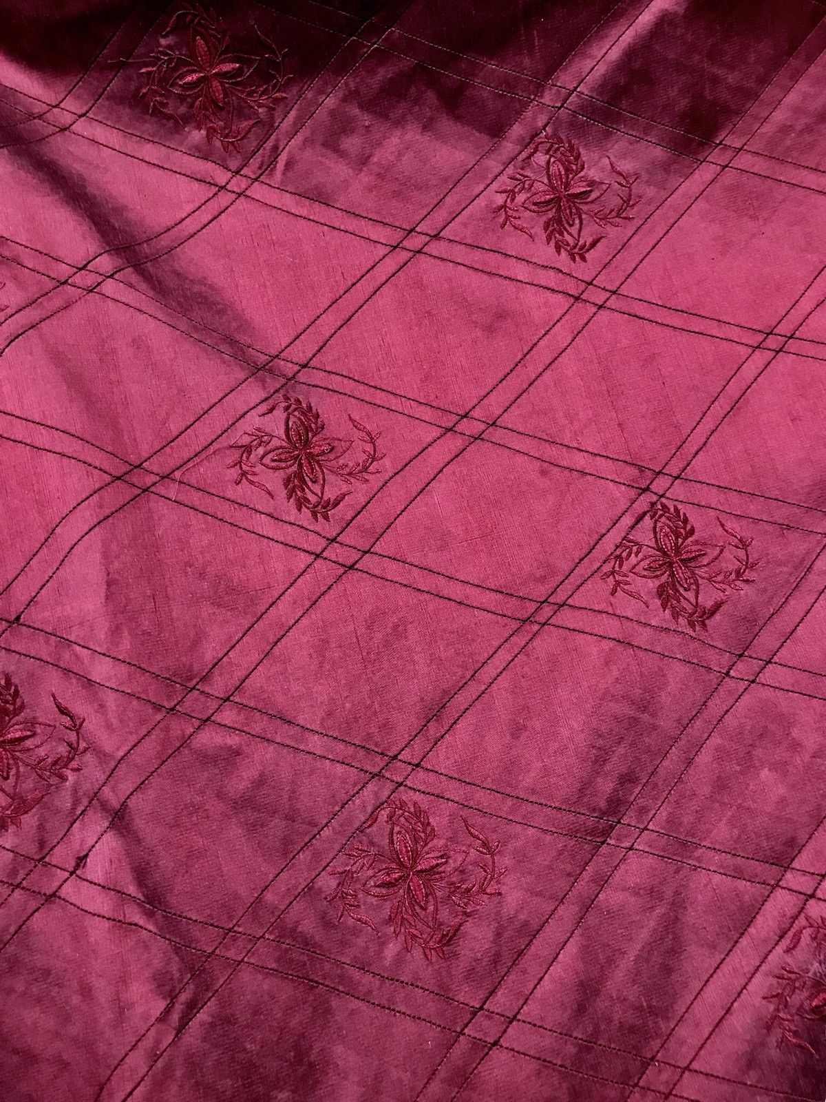 NEW! 100% Silk Washed Taffeta Embroidered Floral Quilted Motif Fabric - Red - Fancy Styles Fabric Boutique