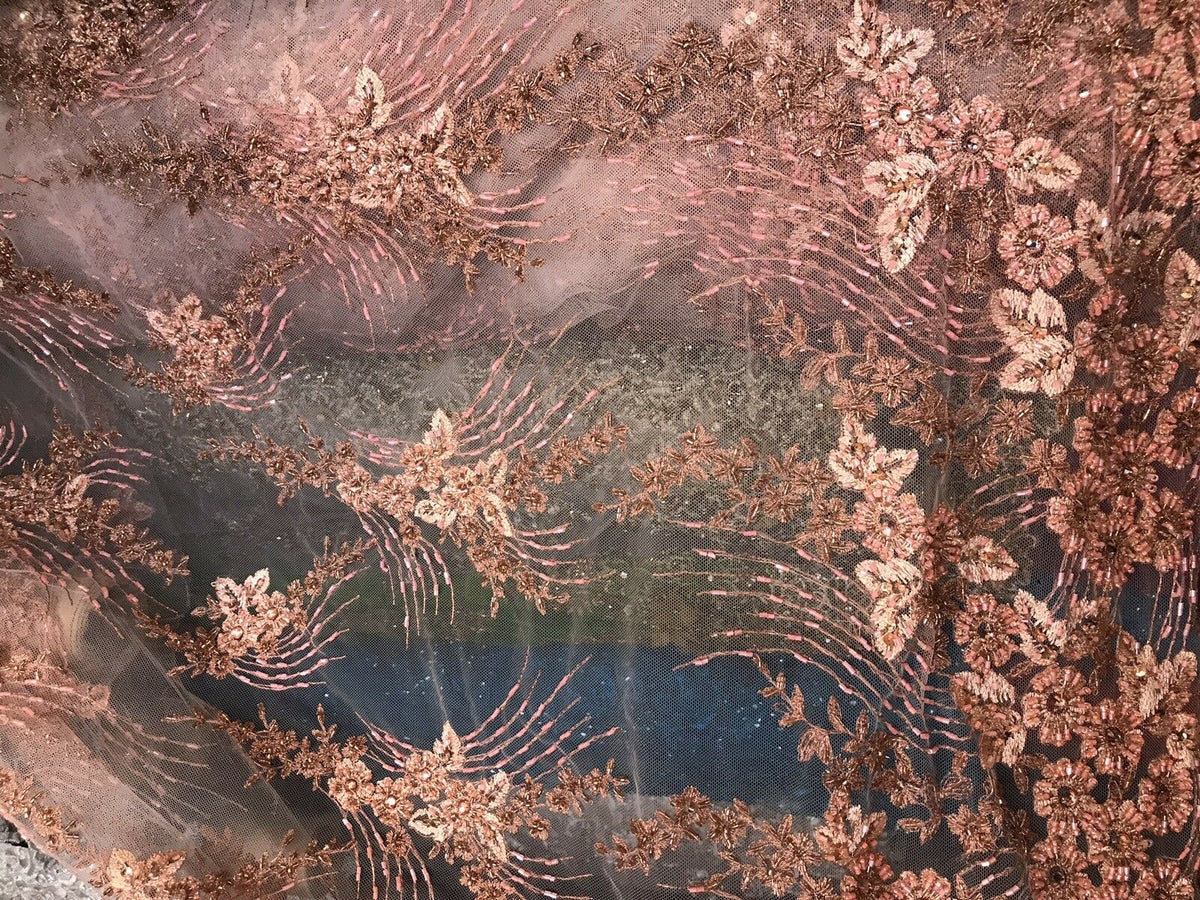 Beaded Peach & Coral Rhinestone Scalloped Edges Lace Mesh Floral Fabric - Fancy Styles Fabric Pierre Frey Lee Jofa Brunschwig & Fils
