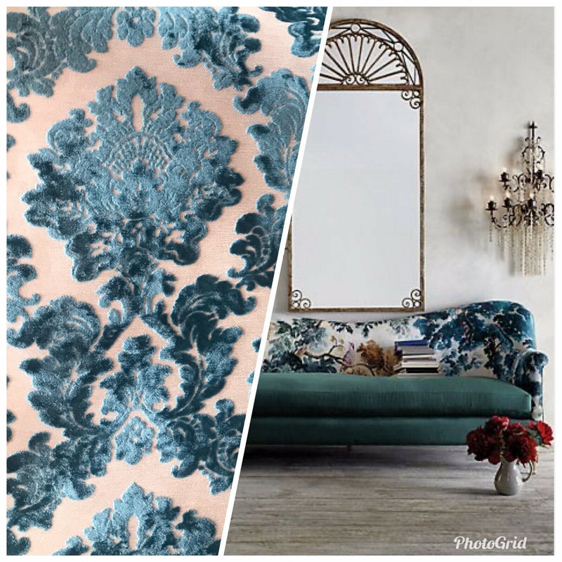 NEW! Duke Gabriel Designer Damask Burnout Chenille Velvet Fabric - Teal Blue - Fancy Styles Fabric Pierre Frey Lee Jofa Brunschwig & Fils