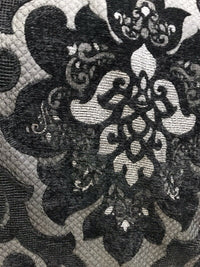 NEW Queen Allyson Designer Velvet Chenille Quilted Damask Burnout Upholstery Fabric - Black - Fancy Styles Fabric Pierre Frey Lee Jofa Brunschwig & Fils