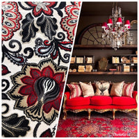 NEW Novelty Belgium Burnout Chenille Velvet Fabric Upholstery- Red Floral - Fancy Styles Fabric Boutique