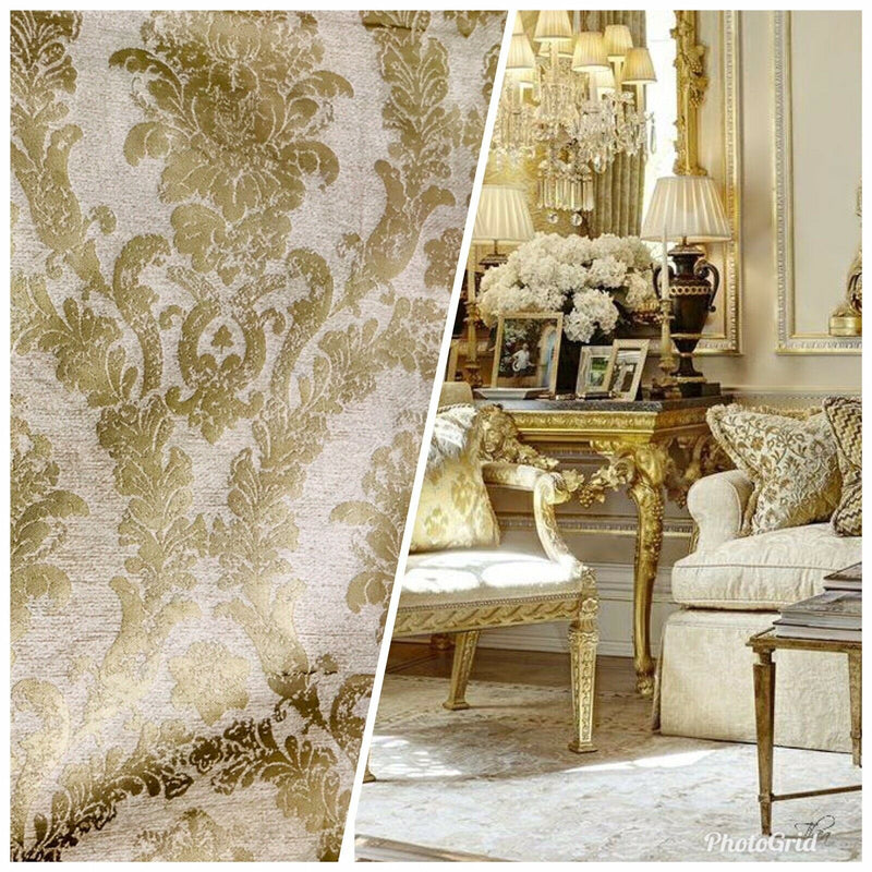 Lord Augustin Designer Velvet Chenille Burnout Damask Upholstery Fabric - Cream & Gold - Fancy Styles Fabric Pierre Frey Lee Jofa Brunschwig & Fils