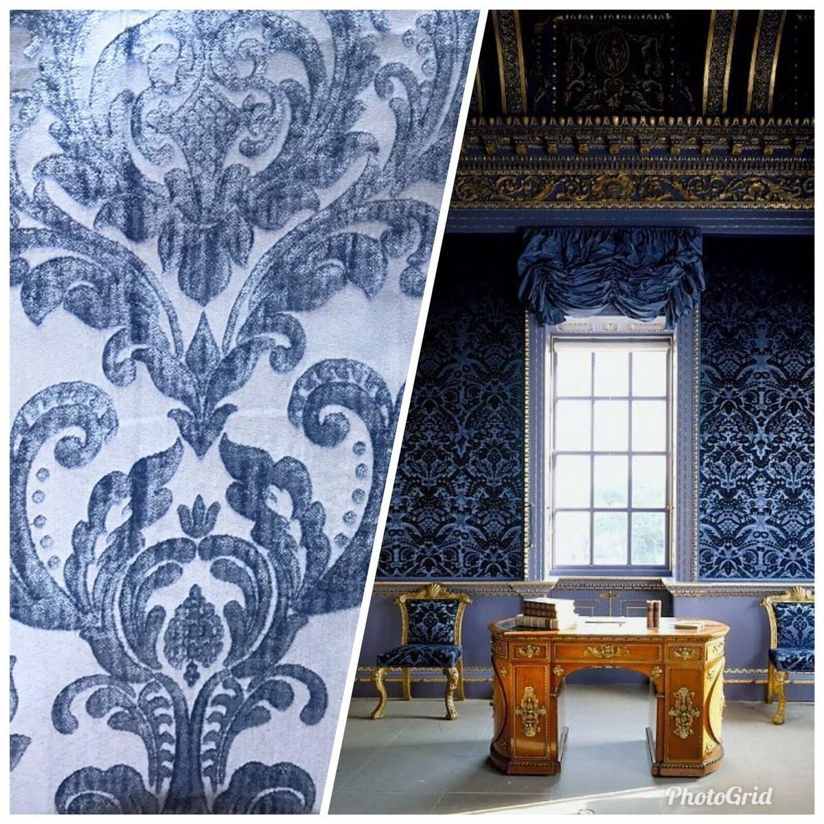 Queen Isabella Designer Damask Burnout Chenille Velvet Fabric - Jewel Blue BTY - Fancy Styles Fabric Pierre Frey Lee Jofa Brunschwig & Fils