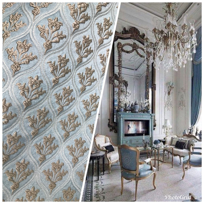 SWATCH Antique Inspired Eggshell Silver Blue Satin Brocade Upholstery Fabric - Fancy Styles Fabric Pierre Frey Lee Jofa Brunschwig & Fils