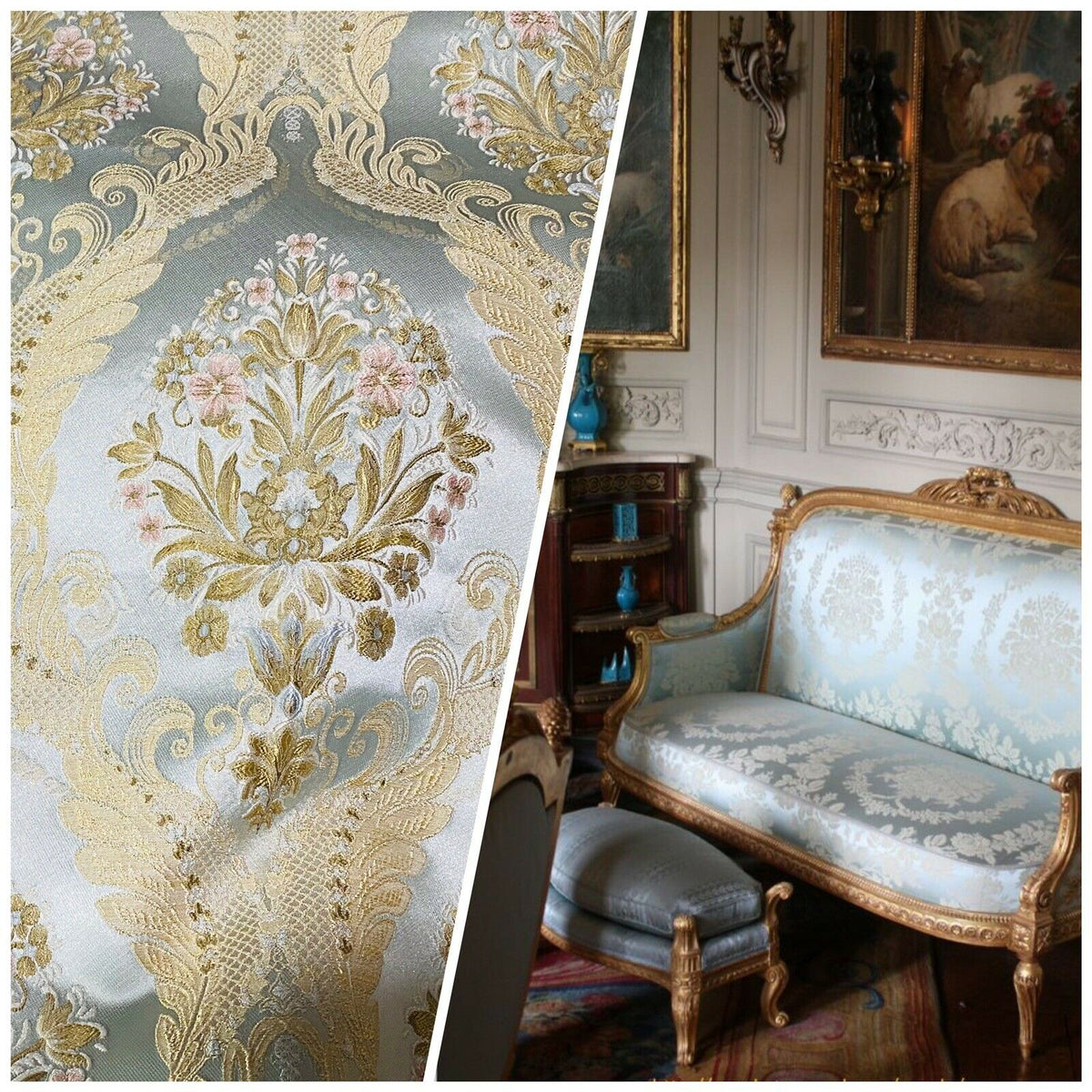 NEW Queen Antionette Novelty Ritz Neoclassical Brocade Damask Floral Satin Fabric - Louis Blue - Fancy Styles Fabric Pierre Frey Lee Jofa Brunschwig & Fils