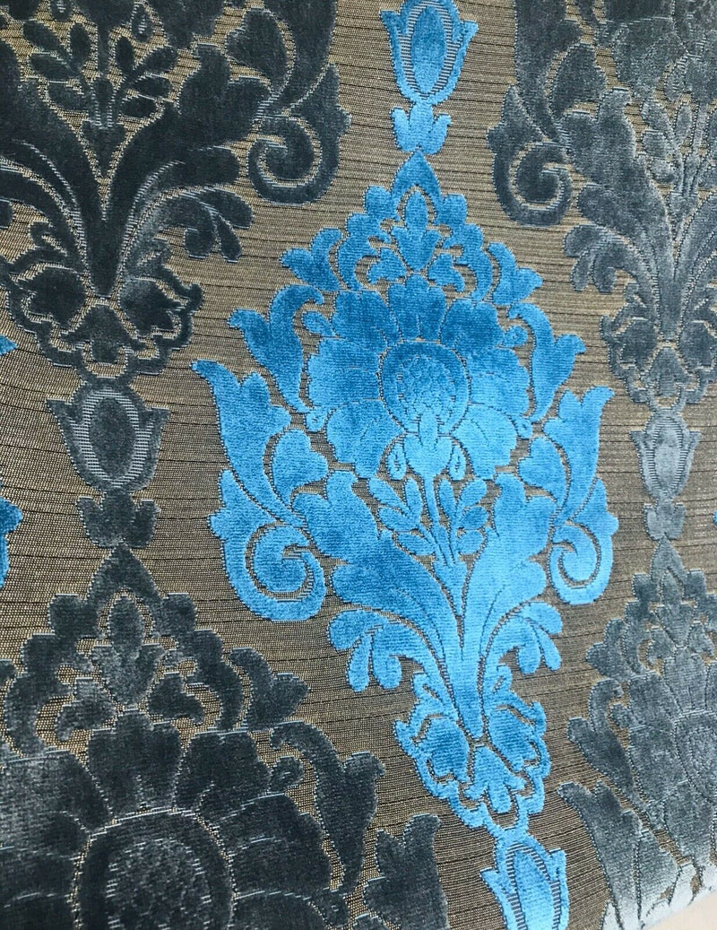 Prince John Novelty Italian Burnout Upholstery Chenille Velvet Fabric- Blue Gold - Fancy Styles Fabric Pierre Frey Lee Jofa Brunschwig & Fils