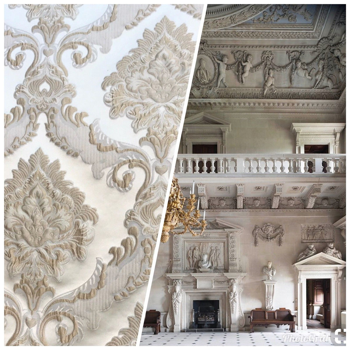 SWATCH Designer Brocade Satin Fabric - Taupe Ivory Floral Upholstery Damask - Fancy Styles Fabric Boutique