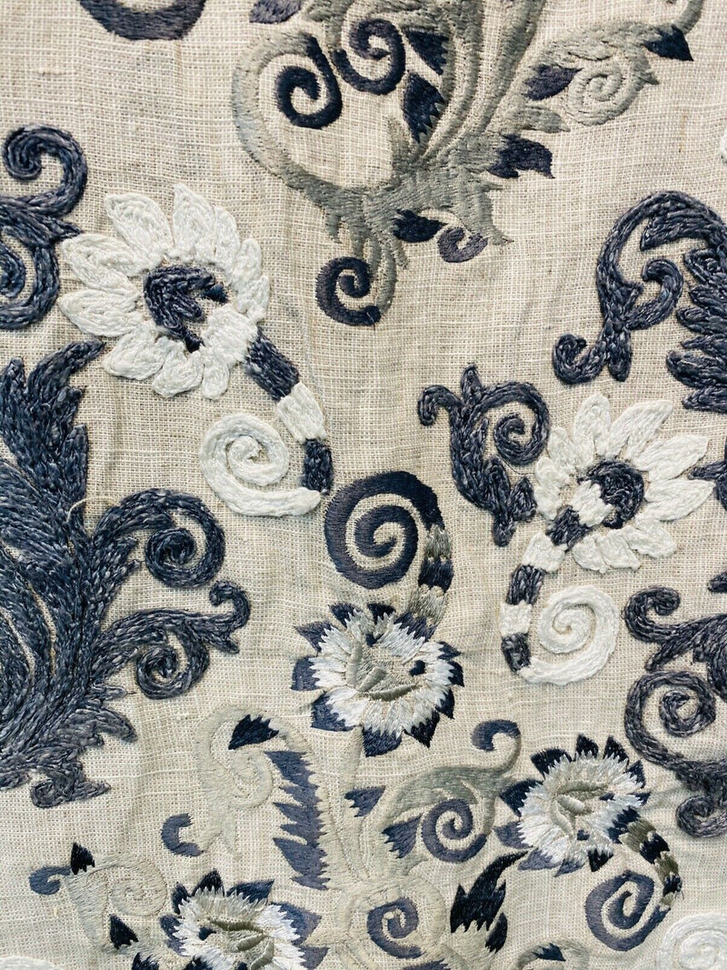 NEW! Novelty 100% Linen Fabric Floral Crewel Embroidery- Blue, White, Ecru - Fancy Styles Fabric Pierre Frey Lee Jofa Brunschwig & Fils