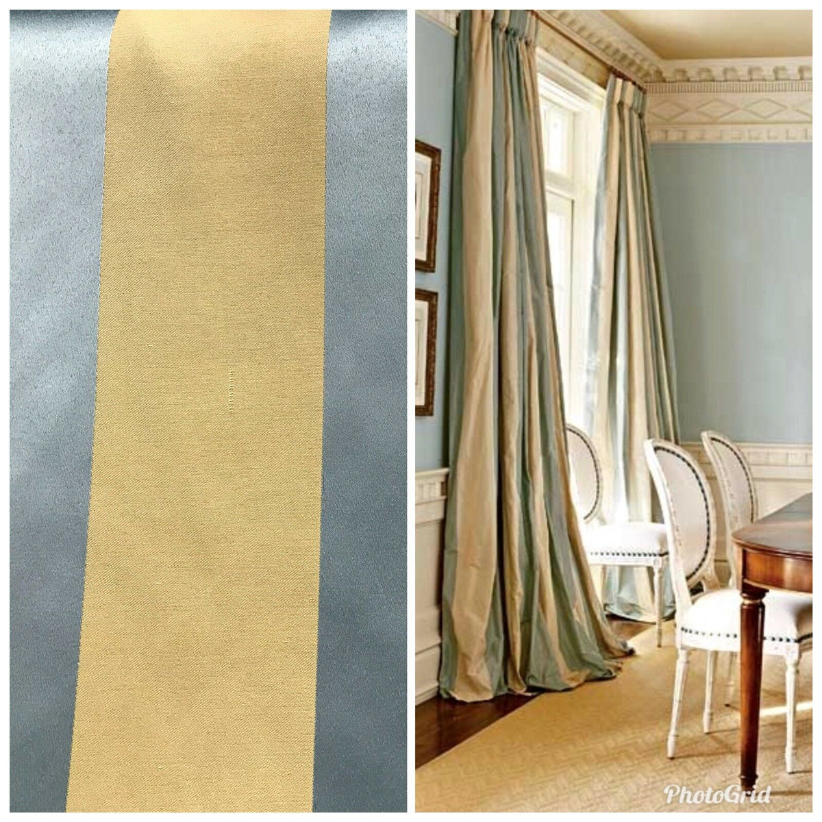 Countess Maisie Stripe Satin Interior Design Fabric Antique Blue And Gold - Fancy Styles Fabric Pierre Frey Lee Jofa Brunschwig & Fils