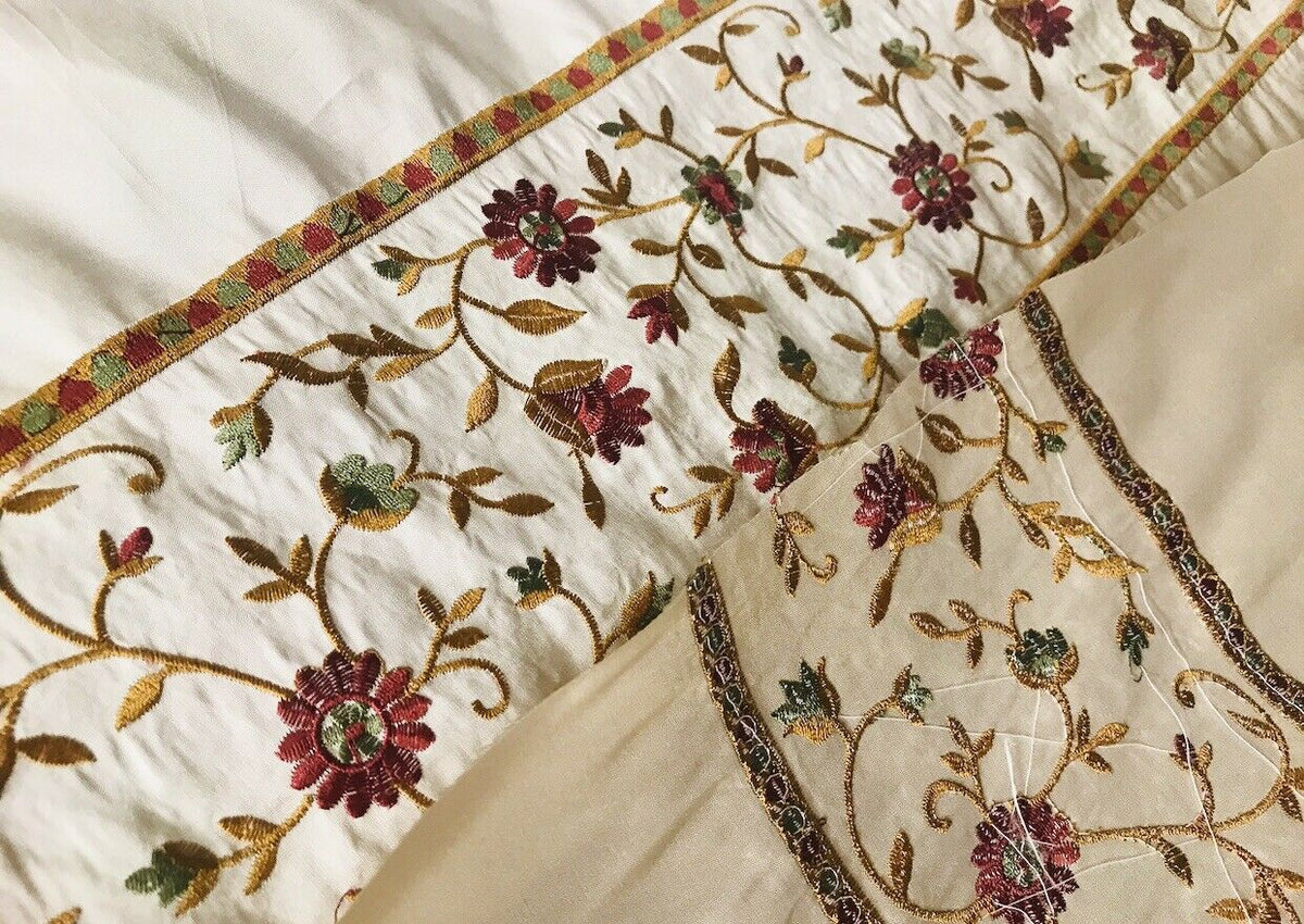 NEW! Lady Margot 100% Silk Dupioni Embroidered Floral Stripes Rows Fabric- Cream - Fancy Styles Fabric Pierre Frey Lee Jofa Brunschwig & Fils