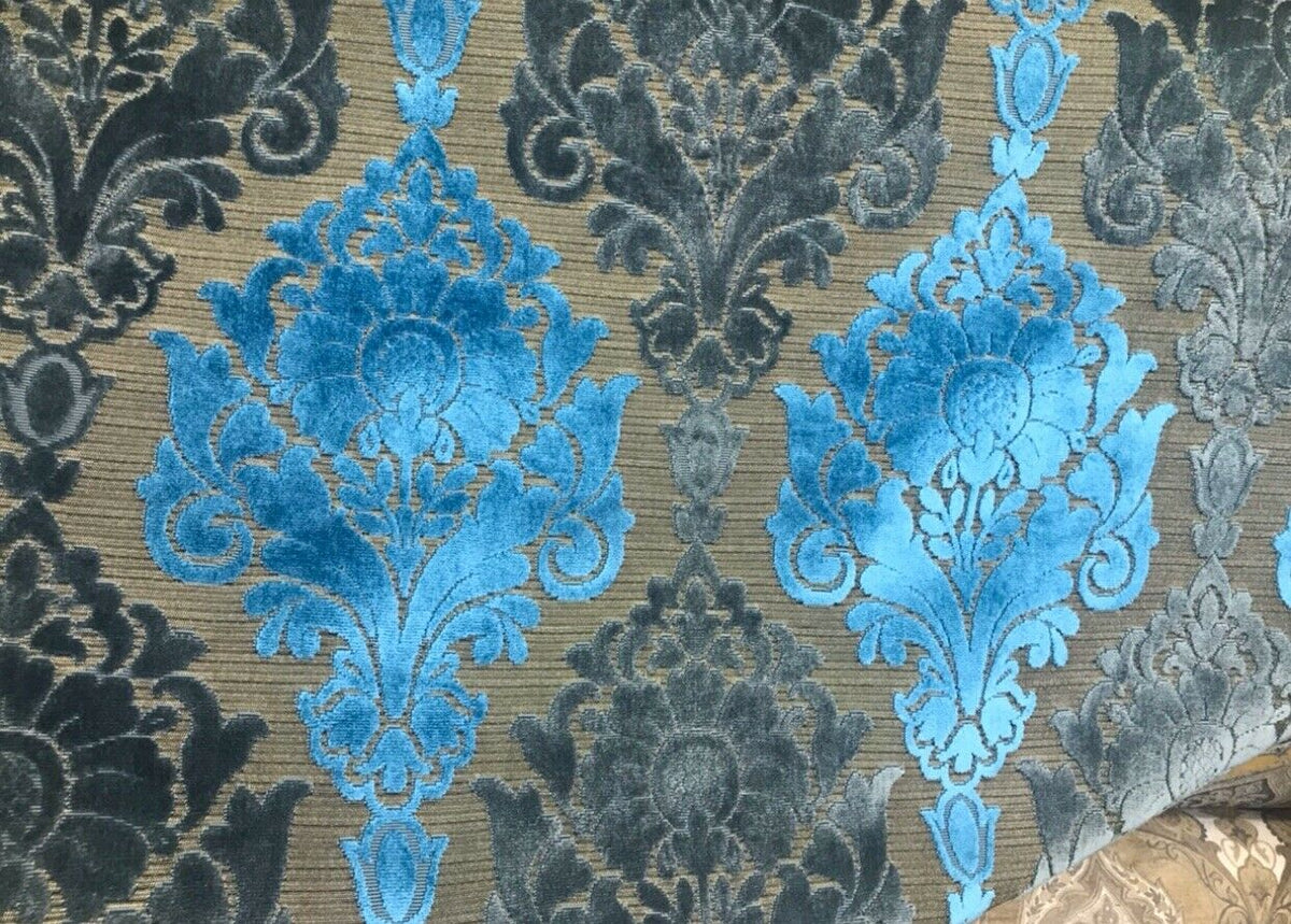 Prince John Novelty Italian Burnout Upholstery Chenille Velvet Fabric- Blue Gold - Fancy Styles Fabric Pierre Frey Lee Jofa Brunschwig & Fils