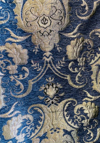 NEW Lady Emile Designer Damask Burnout Chenille Velvet Fabric - Blue & Gold BTY - Fancy Styles Fabric Pierre Frey Lee Jofa Brunschwig & Fils