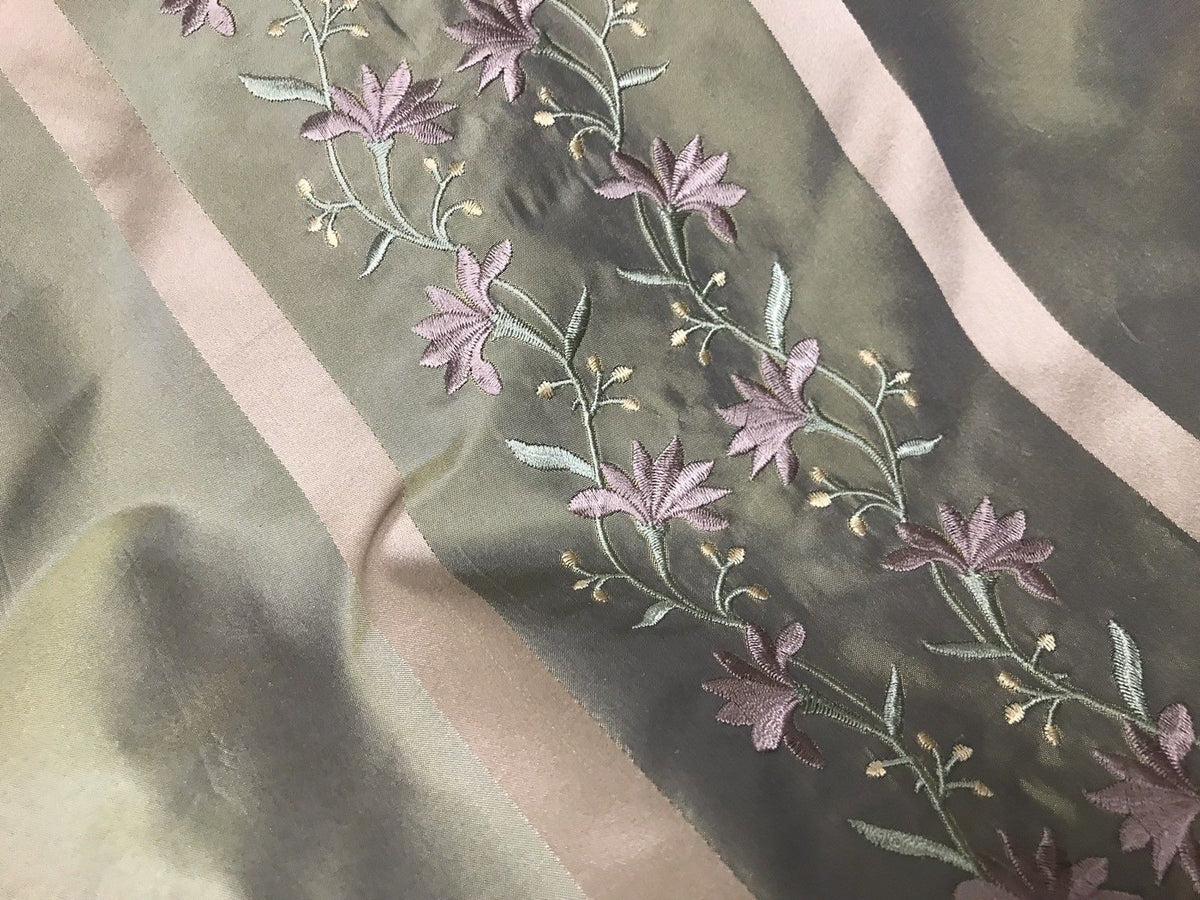 NEW! SALE! 100% Silk Taffeta Embroidered Fabric- Green With Lavender Floral - Fancy Styles Fabric Boutique