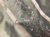 NEW! SALE! 100% Silk Taffeta Embroidered Fabric- Green With Lavender Floral - Fancy Styles Fabric Boutique
