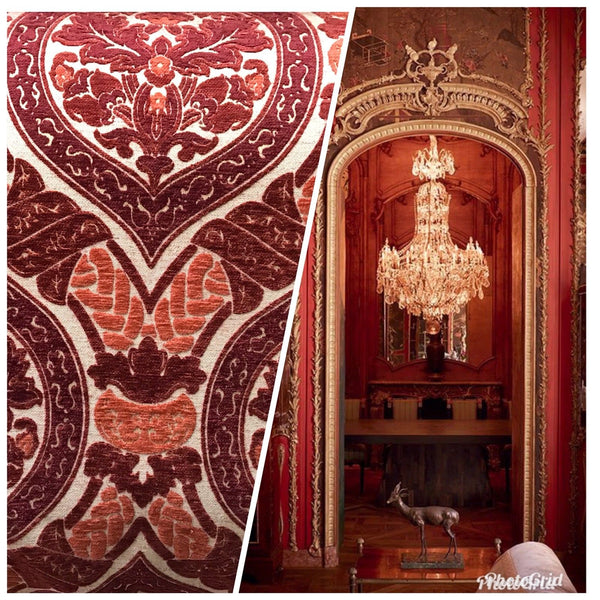 NEW SALE! Double Sided Burnout Chenille Velvet Fabric- Red Upholstery Damask - Fancy Styles Fabric Boutique