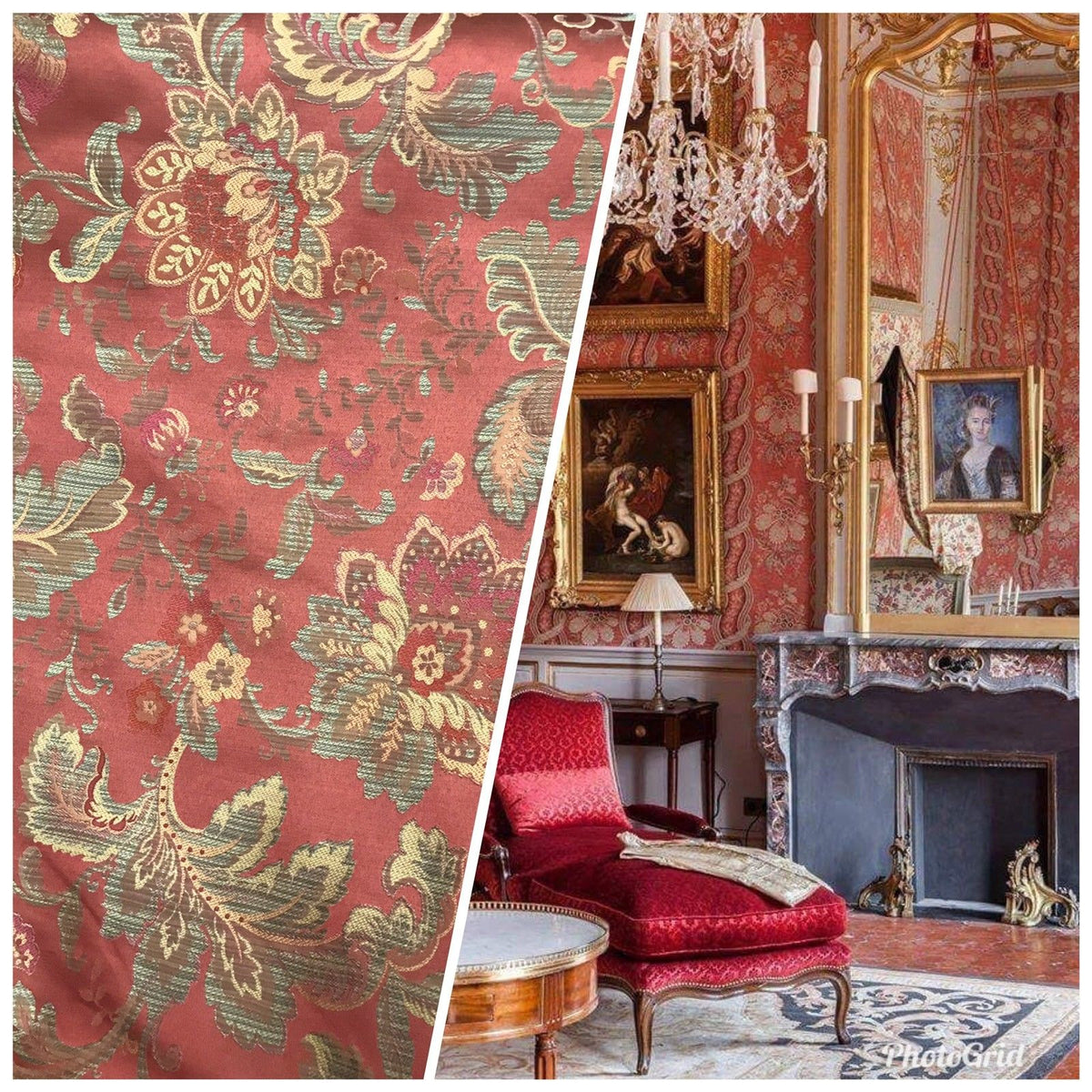 Designer Brocade Satin Floral Drapery Fabric- Antique Salmon Red By The Yard - Fancy Styles Fabric Pierre Frey Lee Jofa
