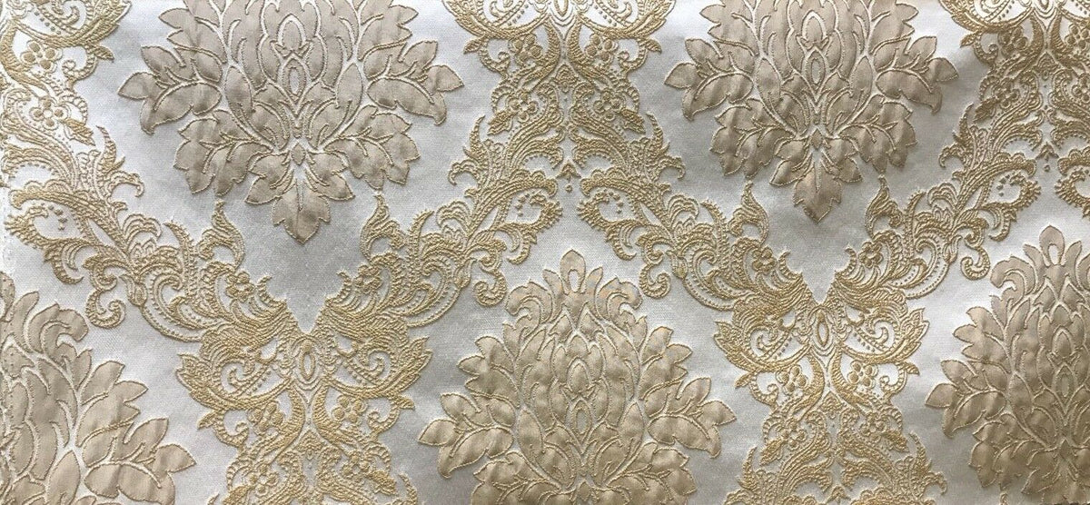 Princess Gemma Designer Brocade Satin Fabric- Antique Gold And White - Upholstery Damask - Fancy Styles Fabric Pierre Frey Lee Jofa Brunschwig & Fils