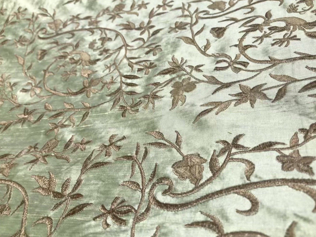 SALE! Designer 100% Silk Taffeta Dupioni Embroidery Floral Fabric - Mint Green - Fancy Styles Fabric Boutique