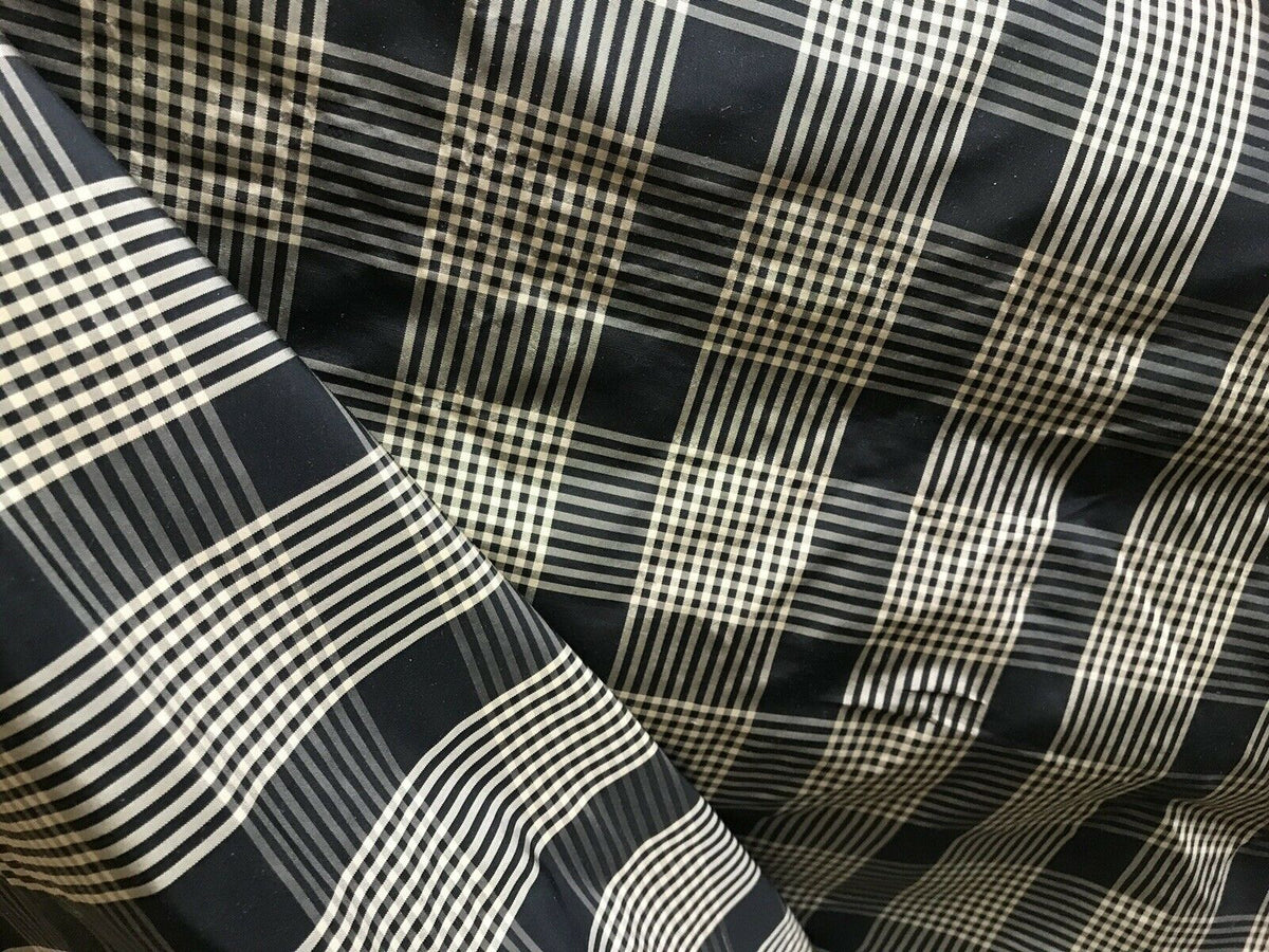 NEW Designer 100% Silk Taffeta Gingham Plaid Tartan Fabric- Black Beige - Fancy Styles Fabric Pierre Frey Lee Jofa Brunschwig & Fils