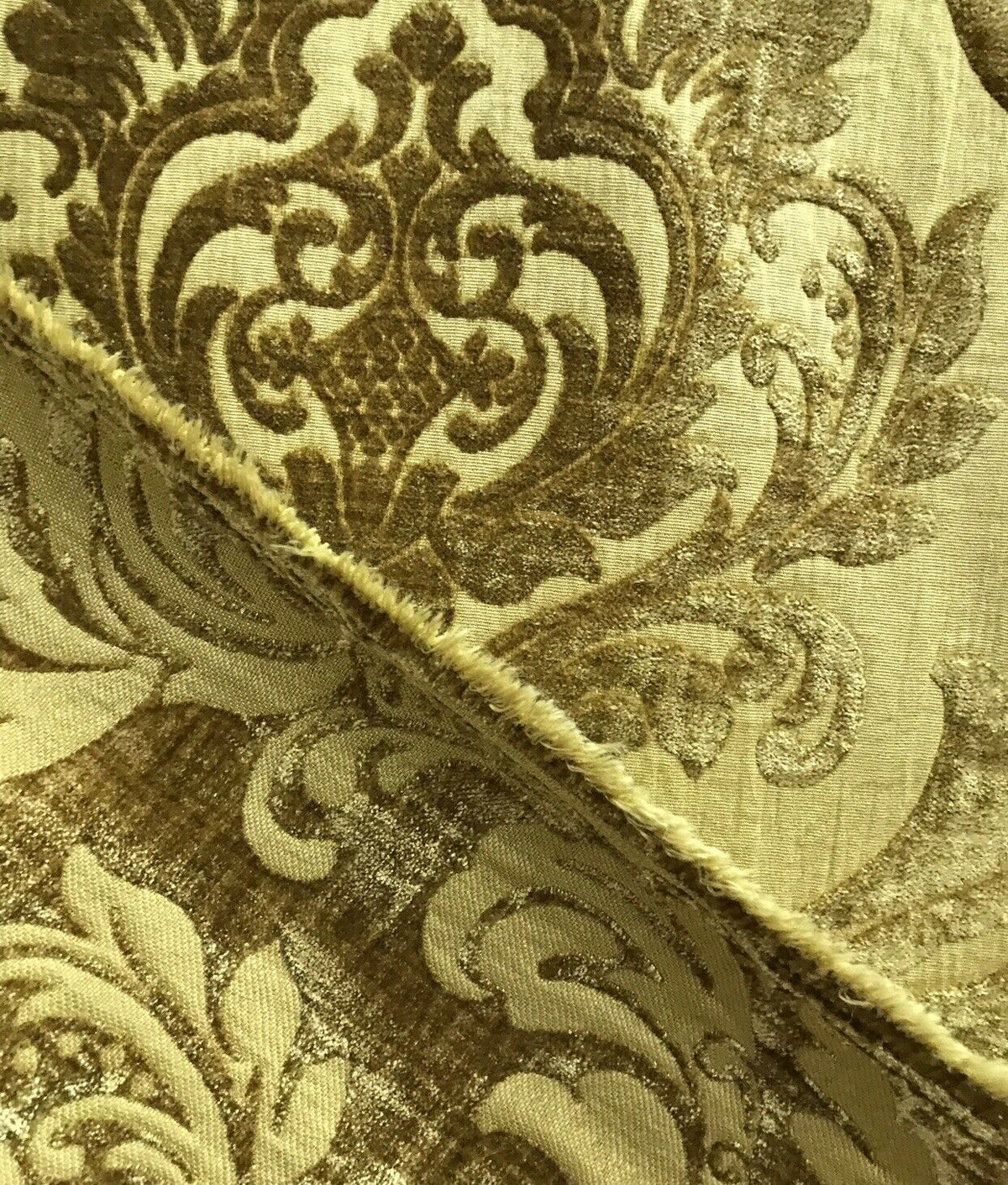 Queen Isabella Designer Satin Burnout Chenille Velvet Fabric- Upholstery Damask - Mustard - Fancy Styles Fabric Pierre Frey Lee Jofa Brunschwig & Fils