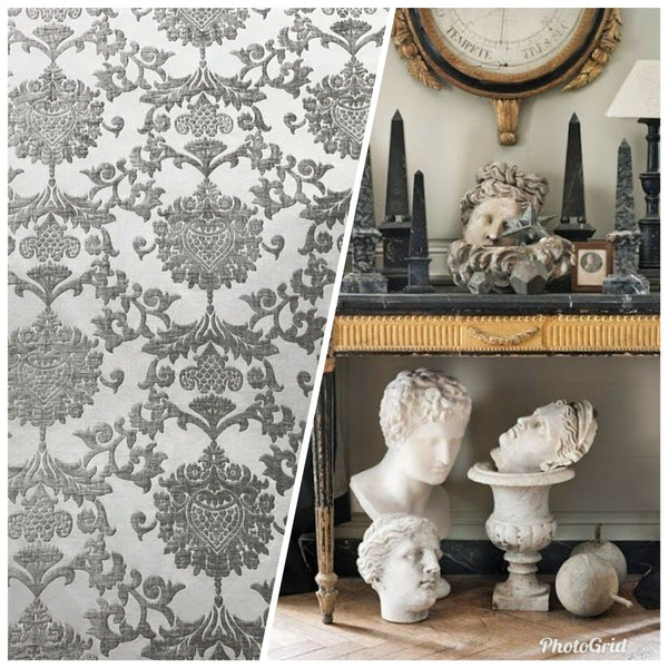 SWATCH Designer Satin Burnout Chenille Velvet Fabric - Gray Upholstery Damask - Fancy Styles Fabric Pierre Frey Lee Jofa Brunschwig & Fils