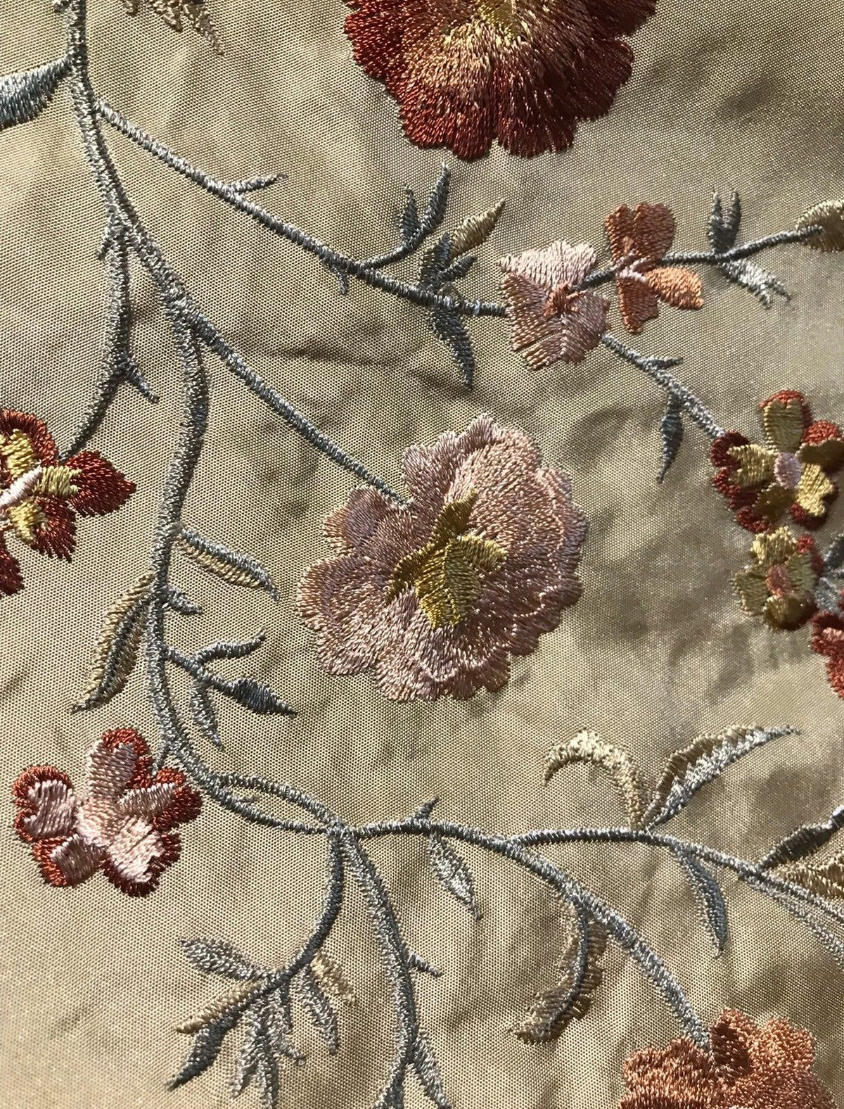SALE! 100% Silk Taffeta Fabric - Embroidered Floral Taupe Gold - Fancy Styles Fabric Boutique
