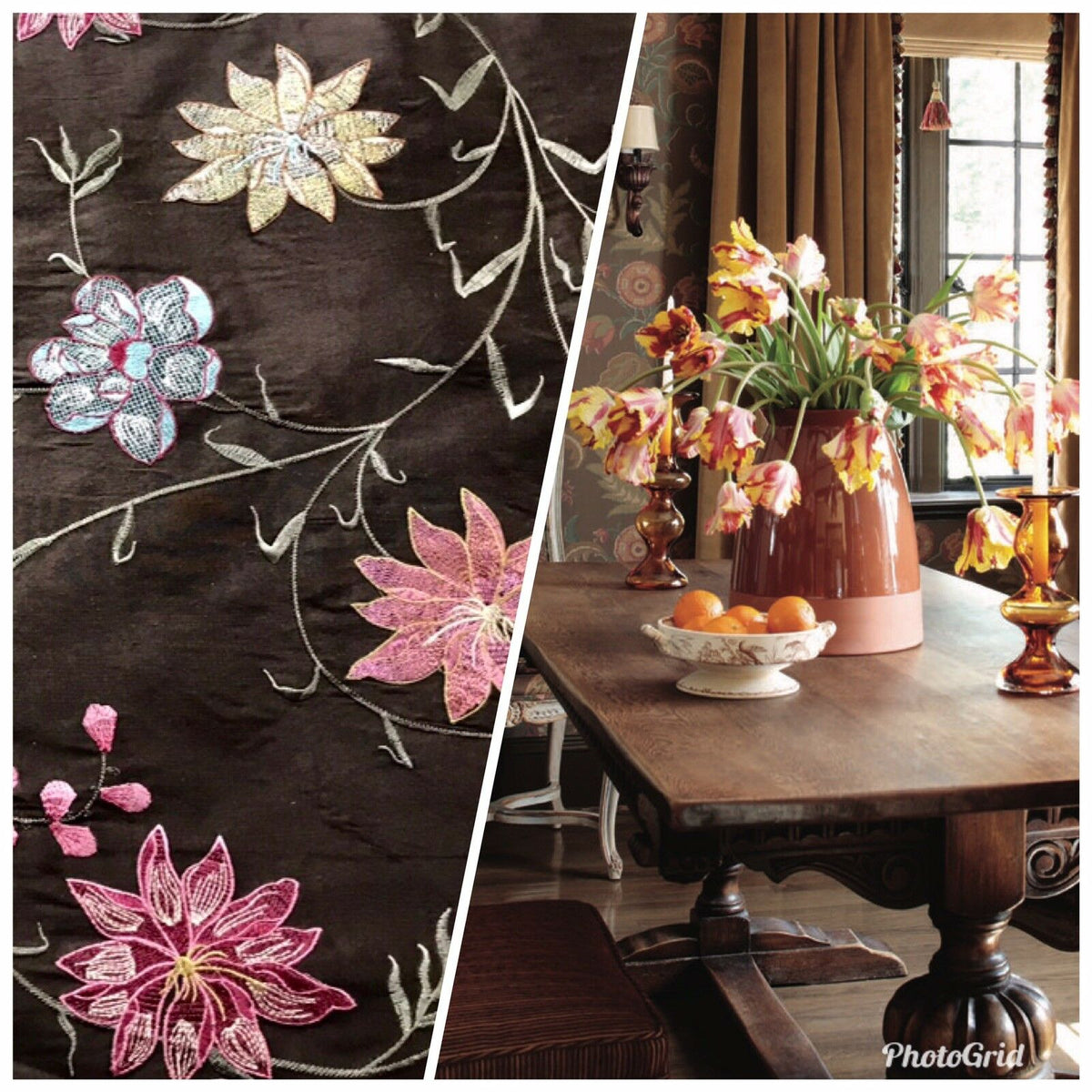 NEW! Queen Theodora 100% Silk Taffeta Embroidered Floral Motif Fabric Brown Pink Blue 55” wide - Fancy Styles Fabric Pierre Frey Lee Jofa Brunschwig & Fils