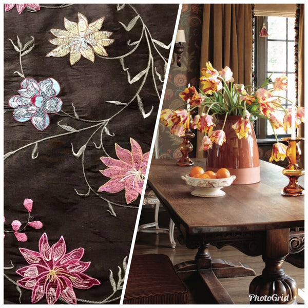 NEW! Queen Theodora 100% Silk Taffeta Embroidered Floral Motif Fabric Brown Pink Blue 55” wide - Fancy Styles Fabric Pierre Frey Lee Jofa Brunschwig & Fils
