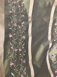 NEW! SALE! 100% Silk Taffeta Embroidered Fabric- Green With Lavender Floral - Fancy Styles Fabric Boutique