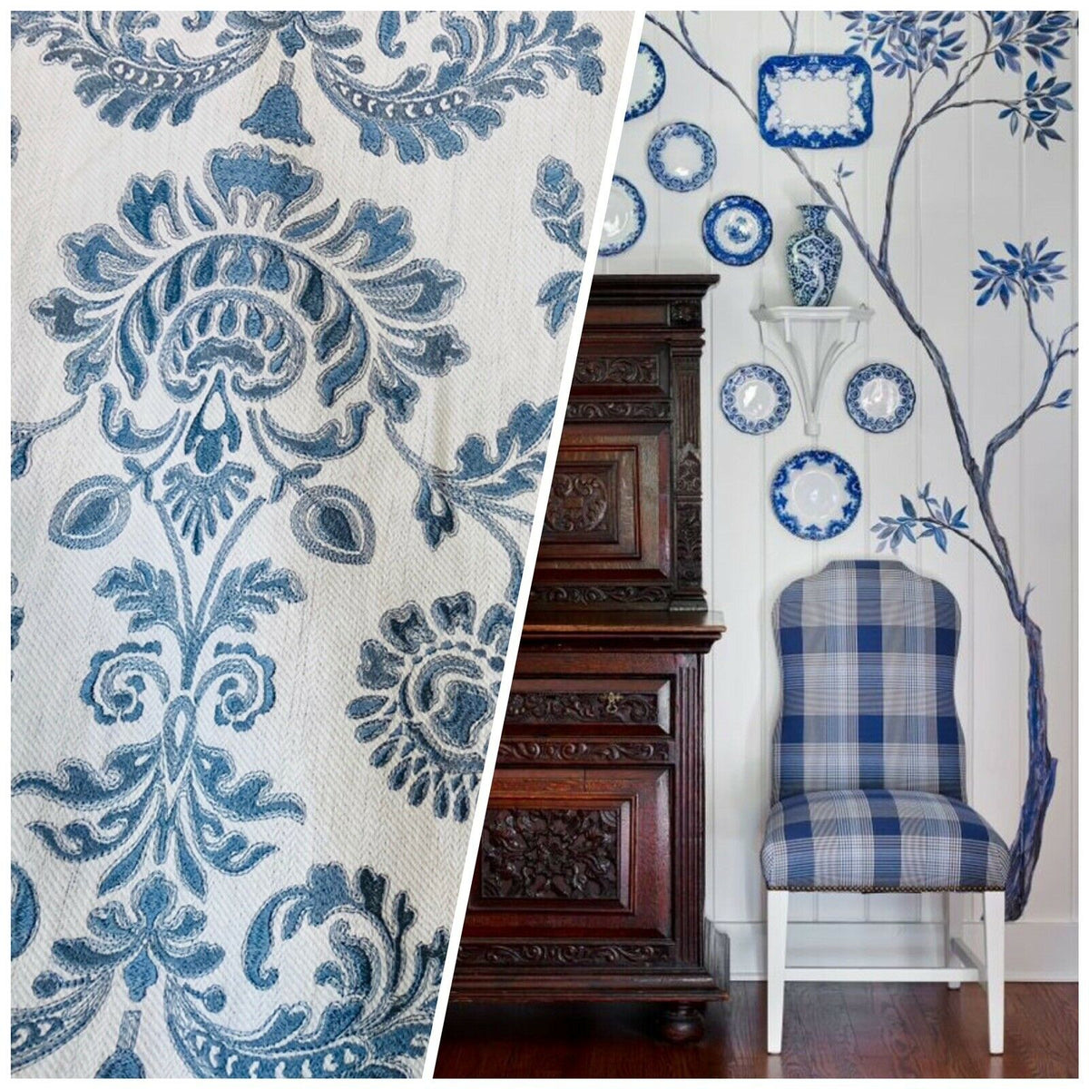 NEW! Novelty 100% Cotton Fabric Floral Damask Embroidery- Blue & White - Fancy Styles Fabric Pierre Frey Lee Jofa Brunschwig & Fils