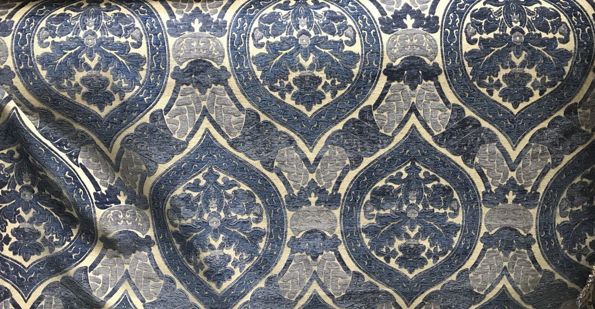 SWATCH Double Sided Burnout Chenille Velvet Fabric- Blue Upholstery Damask - Fancy Styles Fabric Boutique