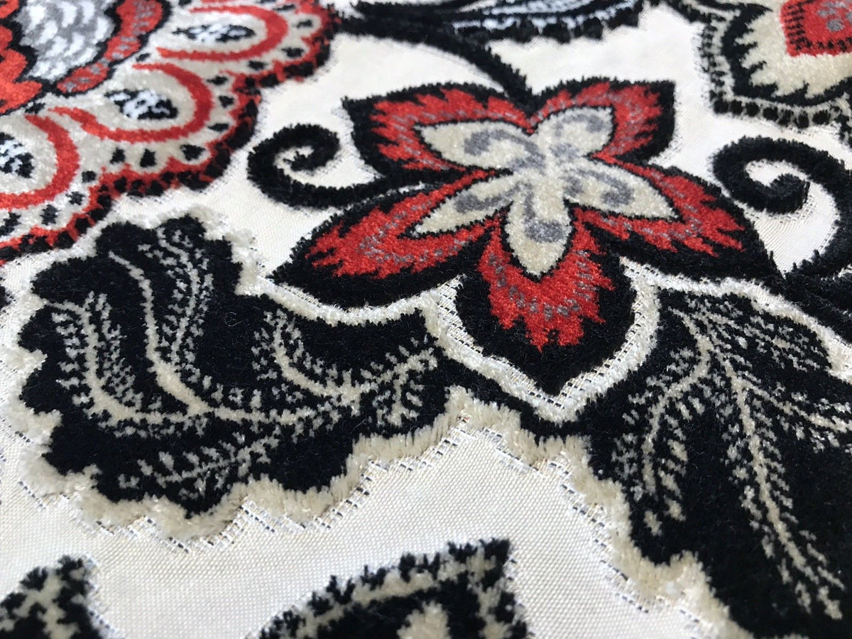 NEW Novelty Belgium Burnout Chenille Velvet Fabric Upholstery- Red Floral - Fancy Styles Fabric Boutique