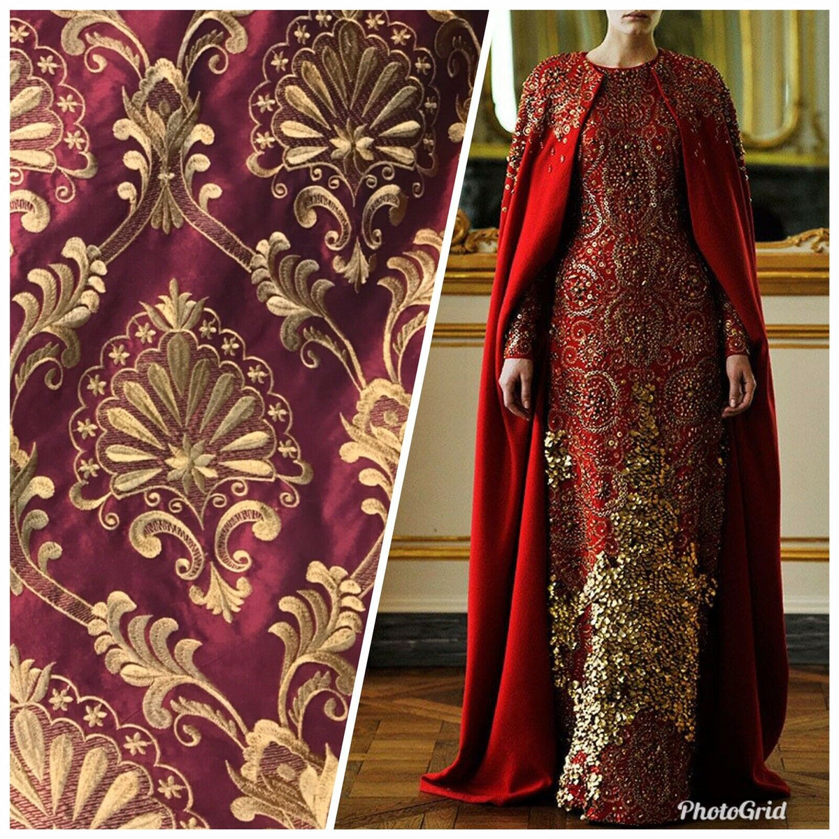 NEW Novelty 100% Silk Taffeta Embroidered Fabric Made In India- Red & Gold BTY - Fancy Styles Fabric Pierre Frey Lee Jofa Brunschwig & Fils