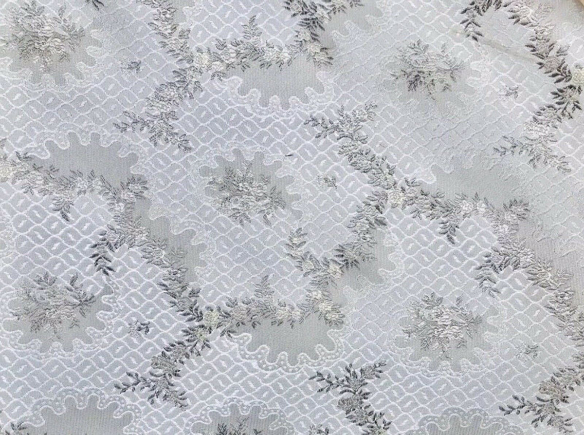 SWATCH 4” x 7” - Brocade Jacquard Fabric- White,Ivory, Grey Floral- Upholstery - Fancy Styles Fabric Pierre Frey Lee Jofa Brunschwig & Fils