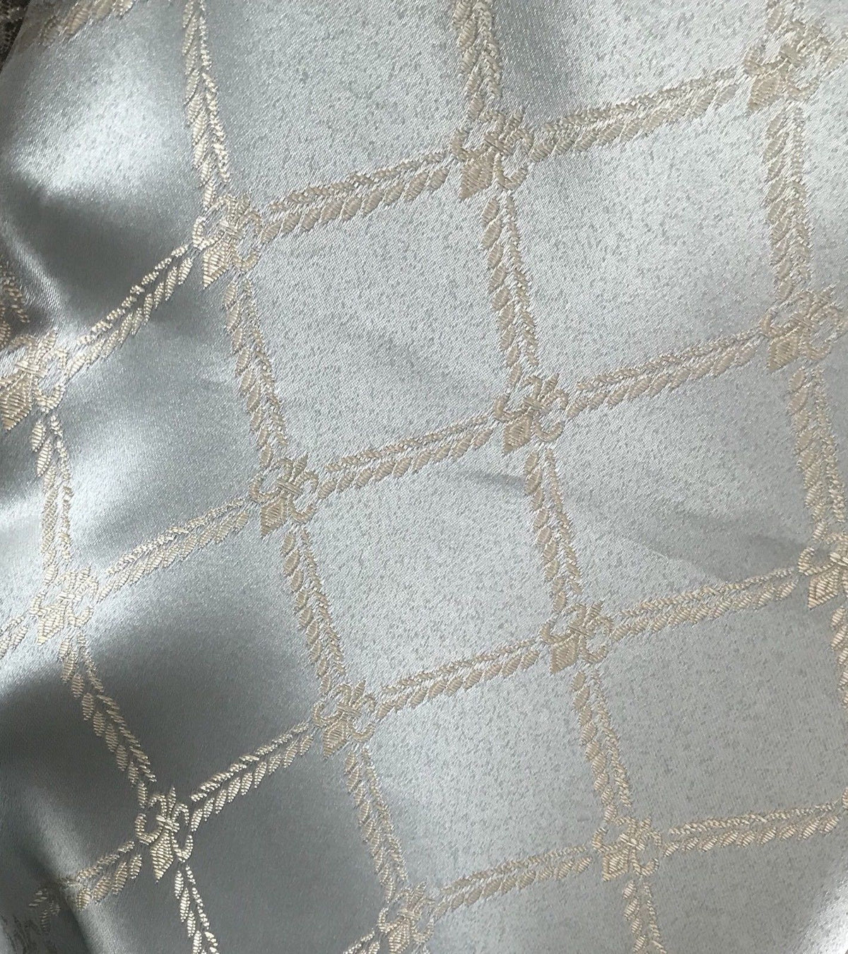 SALE! Designer Brocade Satin Fabric- Antique Silver Blue Rope Design Upholstery - Fancy Styles Fabric Boutique