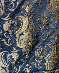 NEW Lady Emile Designer Damask Burnout Chenille Velvet Fabric - Blue & Gold BTY - Fancy Styles Fabric Pierre Frey Lee Jofa Brunschwig & Fils