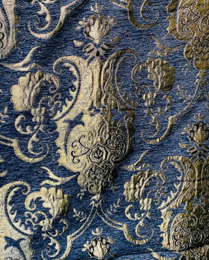 NEW Lady Emile Designer Damask Burnout Chenille Velvet Fabric - Blue & Gold BTY - Fancy Styles Fabric Pierre Frey Lee Jofa Brunschwig & Fils