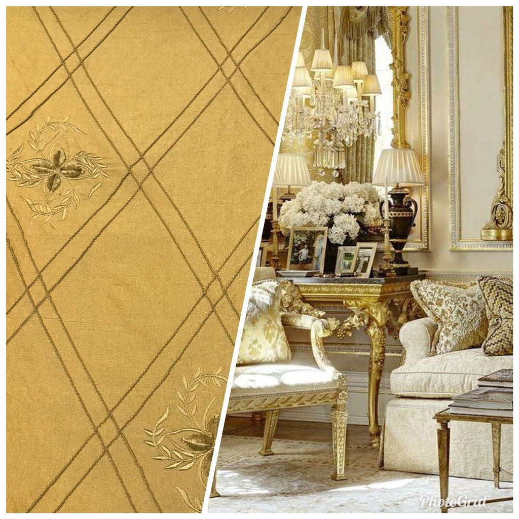 NEW! Miss Kiley Designer 100% Silk Taffeta Dupioni Floral Embroidery Fabric-  Gold BTY - Fancy Styles Fabric Pierre Frey Lee Jofa Brunschwig & Fils