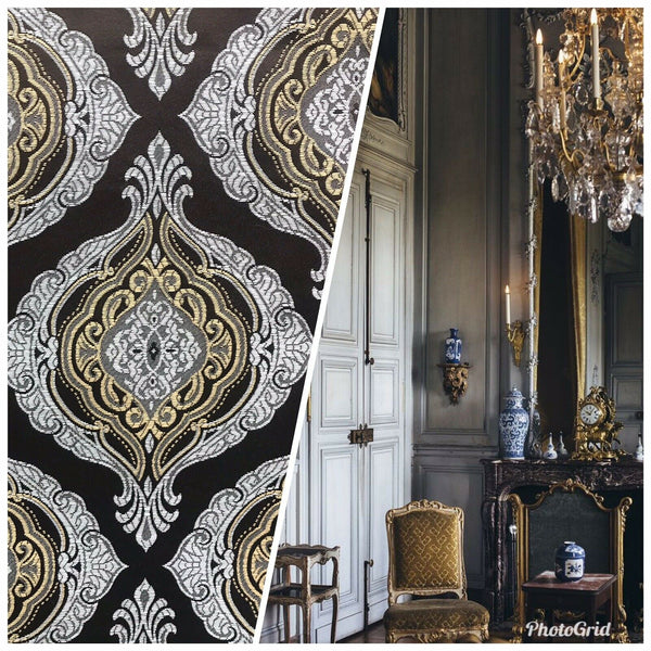 Duke Joseph Designer Brocade Satin Fabric Brown, Pale Blue, Gold - Damask G3 - Fancy Styles Fabric Pierre Frey Lee Jofa Brunschwig & Fils