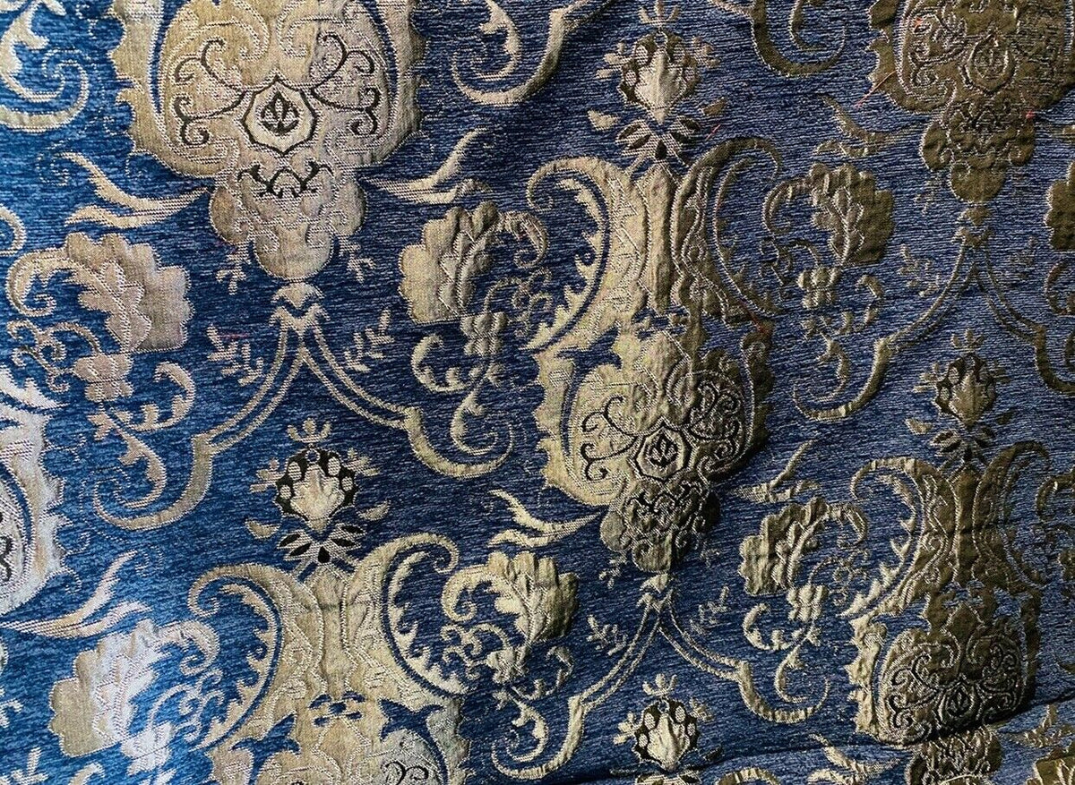 NEW Lady Emile Designer Damask Burnout Chenille Velvet Fabric - Blue & Gold BTY - Fancy Styles Fabric Pierre Frey Lee Jofa Brunschwig & Fils