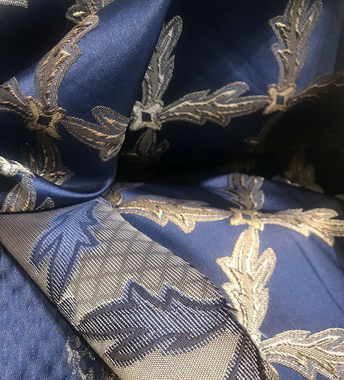 Lady Cadence Designer Brocade Upholstery & Drapery Satin Fabric - Jewel Blue & Gold - Fancy Styles Fabric Pierre Frey Lee Jofa Brunschwig & Fils