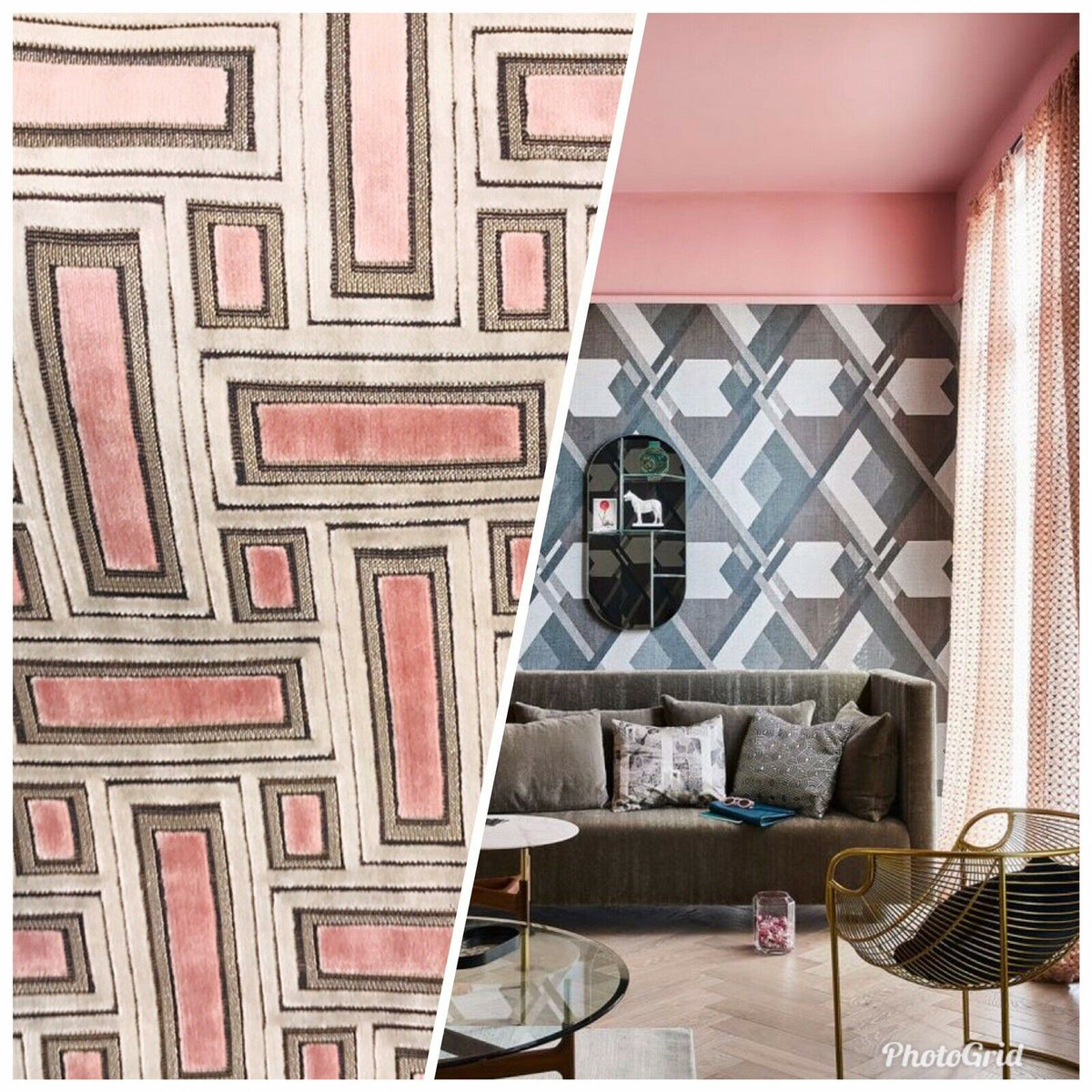 Novelty Italian Burnout Geometric Chenille Upholstery Velvet Fabric -Pink BTY - Fancy Styles Fabric Pierre Frey Lee Jofa Brunschwig & Fils