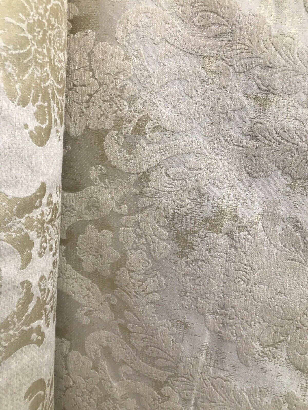 Lord Augustin Designer Velvet Chenille Burnout Damask Upholstery Fabric - Cream & Gold - Fancy Styles Fabric Pierre Frey Lee Jofa Brunschwig & Fils