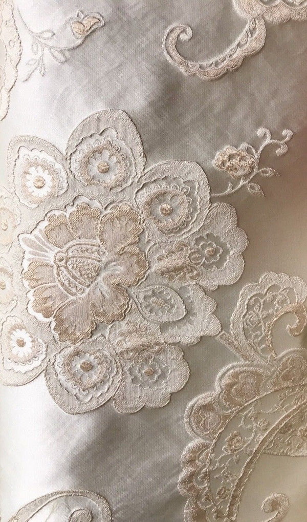 SWATCH Designer Brocade Satin Fabric- Antique Pink On Ivory - Upholstery - Fancy Styles Fabric Boutique