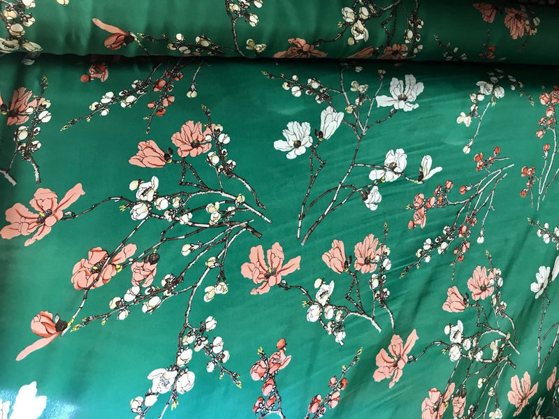 SALE! 100% Silk Charmeuse Kelly Green Cherry Blossom Kimono Dress Fabric - Fancy Styles Fabric Pierre Frey Lee Jofa Brunschwig & Fils