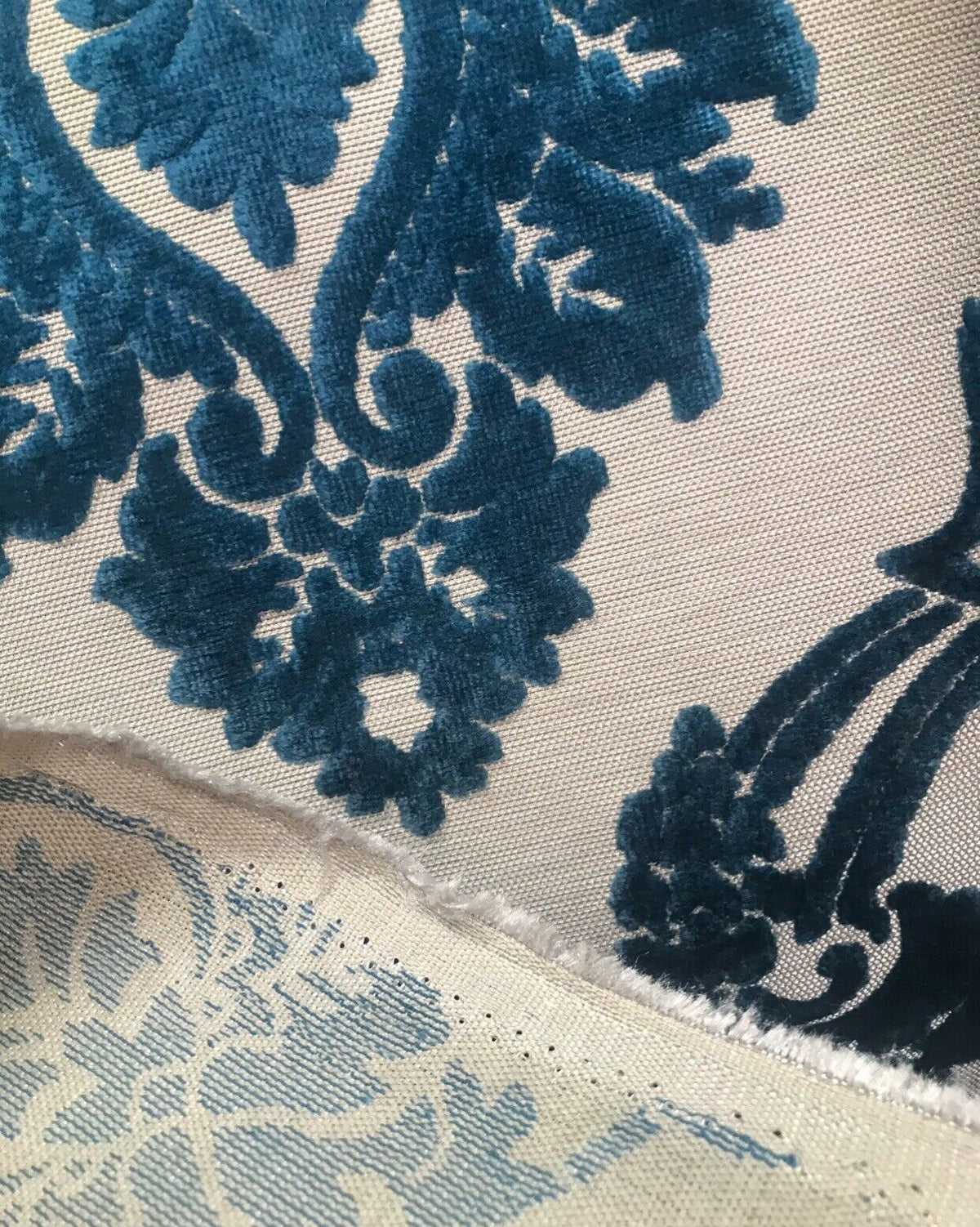 Duke Raphael Designer Damask Burnout Chenille Velvet Fabric - Dark Turquoise Blue- Upholstery - Fancy Styles Fabric Pierre Frey Lee Jofa Brunschwig & Fils