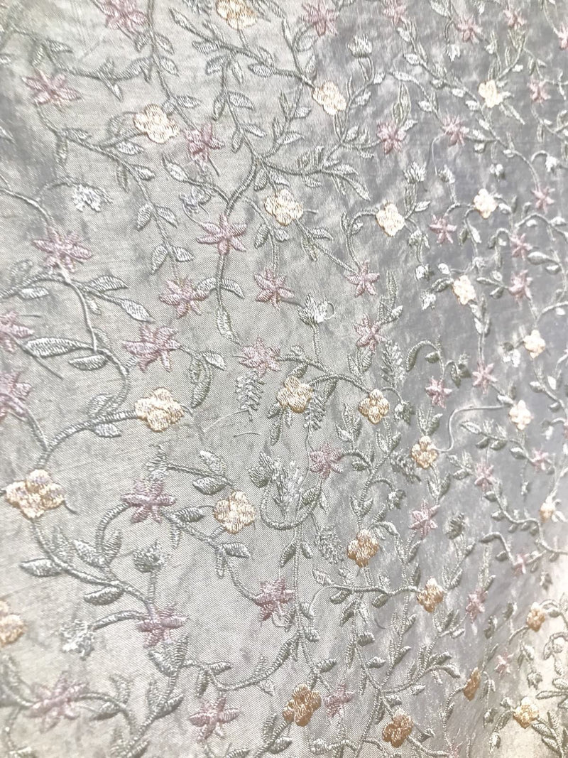 SWATCH- 100% Silk Embroidered Taffeta Fabric - Floral Gray Pink Floral - Fancy Styles Fabric Boutique