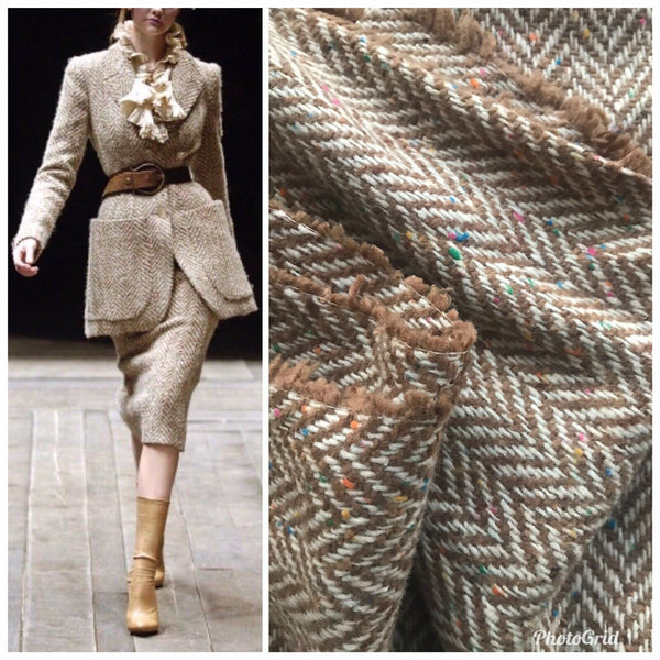 Lady Paige Novelty Designer Wool Oversized Herringbone Chevron Pattern Tweed Fabric - Camel - Fancy Styles Fabric Pierre Frey Lee Jofa Brunschwig & Fils
