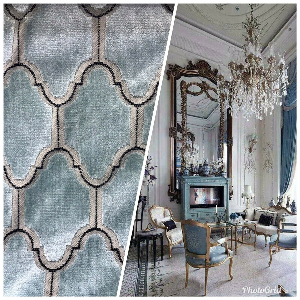 NEW! Novelty Italian Burnout Geometric Velvet Fabric - Upholstery- French Light Blue - Fancy Styles Fabric Pierre Frey Lee Jofa Brunschwig & Fils